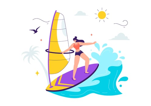 Flat Cartoon Style Illustration of a Windsurfer Balancing on a Sailing Board, Handling the Sail in an Exciting Water Sport Background vector