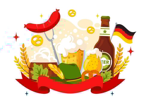 Cheerful Oktoberfest Illustration with Beer, Sausages, Pretzels, and Festive Decorations in a Colorful Flat Style Background vector