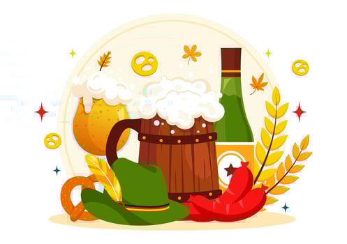 Oktoberfest Celebration Illustration Showcasing Beer, Gingerbread, Barrels, and Wheat in a Charming Flat Style Background vector