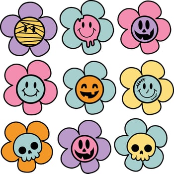 set of halloween Cute Spooky funny cartoon monsters flowers elements for decorate invitation greeting birthday party celebration card poster banner textiles wallpaper backgrounds vector