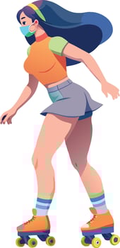 Young woman wearing protective face mask roller skating vector