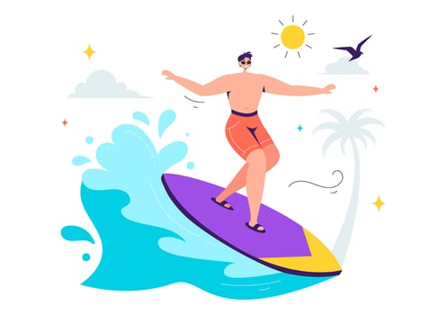 Summer Water Sports Illustration Highlighting Surfboards in Action on Ocean Waves Against a Cartoon Background vector