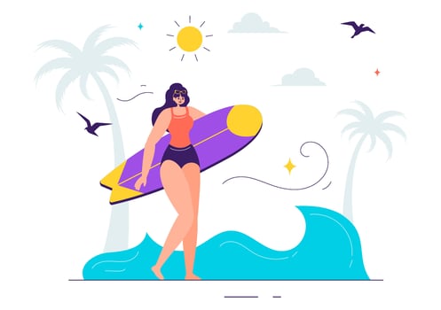 Illustration of Summer Surfing Adventures with Surfboards Riding Ocean Waves in a Flat Style Cartoon Background vector