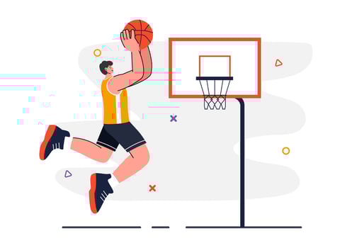 Illustration of a Happy Young Man Scoring a Basket in Basketball Uniform on a Tournament Court with a Flat Style Background vector