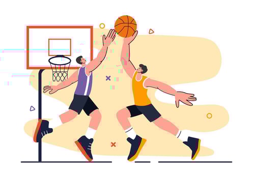 Illustration of a Young Athlete Playing Basketball, Full of Joy and Wearing a Uniform on a Tournament Court with a Flat Design Background vector