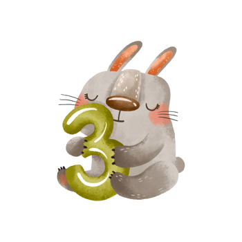 Bunny rabbit with number 3. Number tree. Cute baby month anniversary card with numbers and animals, months, hand drawn illustration on isolated bcakground. png
