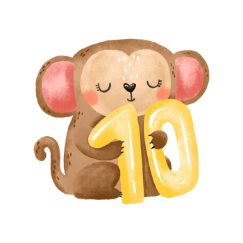Monkey with number 10. Number ten. Cute baby month anniversary card with numbers and animals, months, hand drawn illustration on isolated bcakground. png