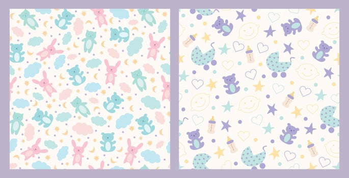 Baby seamless pattern for decoration, nursery, blankets, gifts, baby shower greetings. Cute teddy bears, cats and bunnies, stars and crescent vector
