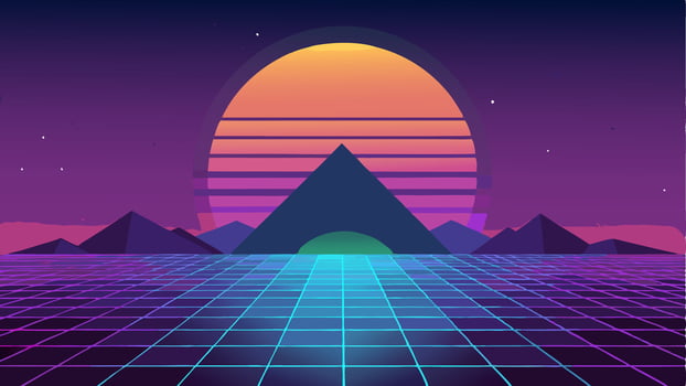 Vaporwave Retro Futuristic 80's Synthwave Landscape with Big Sun Background. 3D illustration Render vector