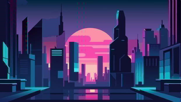 Fantastic City in the Style of Cyberpunk. Illustration in Neon Colors. Night City of the Future. Template a Horizontal Banner. vector
