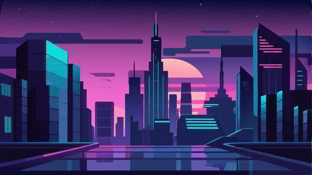 Futuristic City in the Style of Cyberpunk. Illustration in Retro Style in Neon Colors. Night City of the Future Template vector