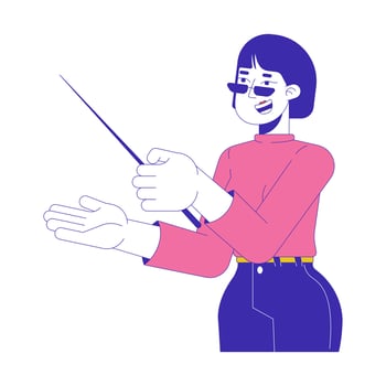 Japanese woman teacher showing aside 2D cartoon character. Korean female lecturer with pointer at lesson isolated flat person white background. School personnel color spot illustration vector