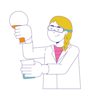 Smart student girl with chemicals 2D cartoon character. Schoolgirl learning chemistry in lab isolated flat person white background. Children education course color spot illustration vector