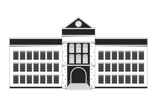 School exterior black and white 2D line object. Academy entrance. Highschool building facade schoolhouse isolated outline item. College campus architecture monochromatic flat spot illustration vector