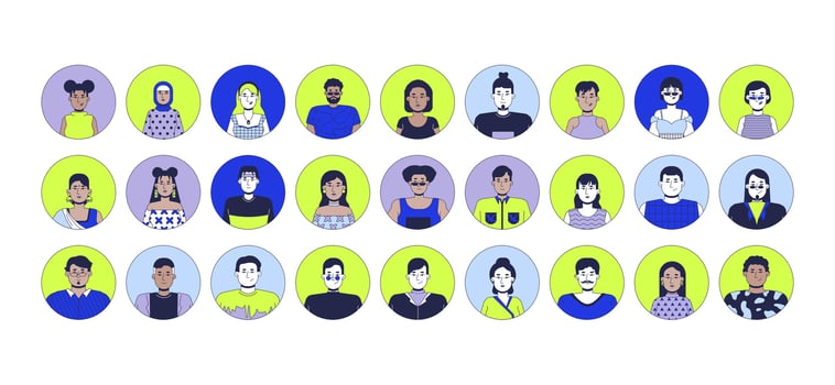 Diverse employees 2D linear avatars illustration set. Multicultural workers cartoon character faces portraits collection. Headshots students women, men flat color user profiles images isolated vector