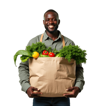 smiling african american man holding a bag full of vegetables, , isolated on transparent background png
