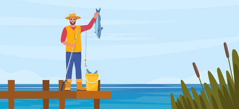 Man fishing. Fisherman at lake or river. Man in vest and hat. Guy catching a fish. Outdoor recreation, leisure time. illustration. vector