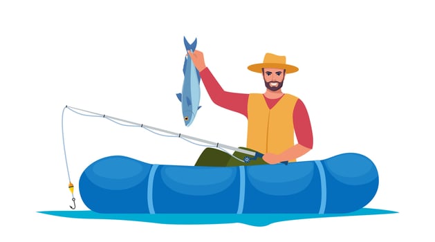 Man fishing. Fisherman at lake or river. Man in vest and hat. Guy in rubber boat catching a fish. Outdoor recreation, leisure time. illustration. vector