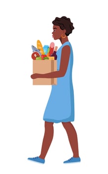 Black woman going with paper bag of groceries. A girl buying food, vegetables, bread. Grocery shopping. illustration. vector