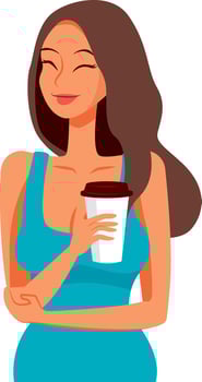 Pretty healthy young woman with long hair holding a cup of coffee flat art illustration vector