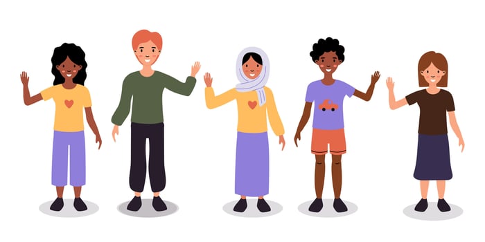 Diverse group of children waving together, showcasing friendship and inclusivity at a sunny day vector