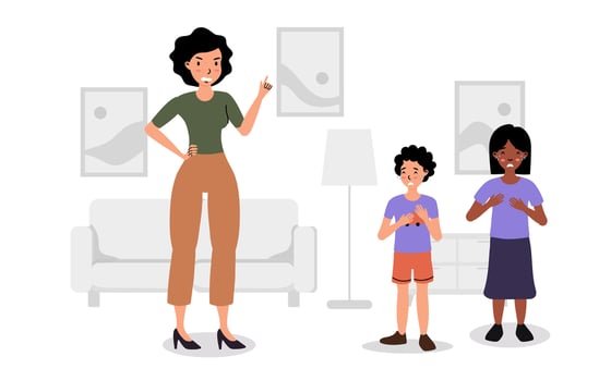Mother discussing rules with her children in a cozy living room at home during the afternoon vector