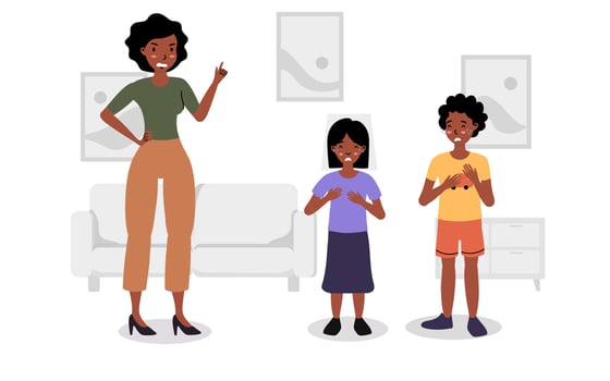 Parent teaching kids about responsibility in a cozy living room setting during the day vector