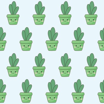 Green Doodle Plant and Cute Kawaii Pot Cartoon Seamless Pattern Background. Abstract Cute Kawaii Baby Textile Swatch Design. Bright Domestic Floral Plant in Vase Decorative Element Fabric Print. vector