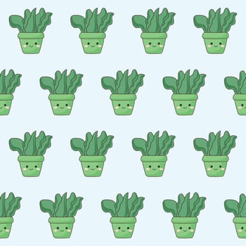 Green Doodle Flower and Cute Funny Pot Cartoon Seamless Pattern Background. Abstract Cute Kawaii Baby Textile Swatch Design. Bright Domestic Floral Plant in Vase Decorative Element Fabric Print. vector