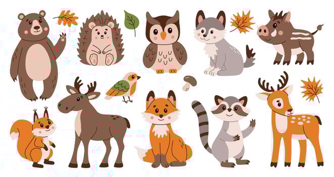 Flat style illustration featuring a collection of cute forest animals, including bear, owl, hedgehog, and deer. Perfect for children's projects, autumn designs, educational materials, and more. vector