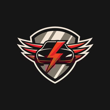 Fast flying car with wings and energy concept in shield mascot logo design icon illustration badge vector