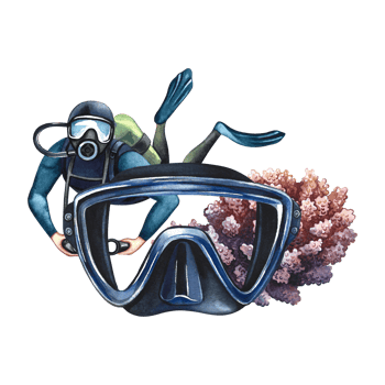 Diver, scuba mask and coral. Underwater travel. Hand-drawn in watercolor. A concept for labels, banners, flyers and brochures. For prints, stickers, and postcards. For stickers and prints. png