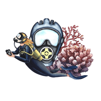Diver woman, scuba mask and coral. Hand-drawn in watercolor. A concept for labels, banners, flyers and brochures. For prints, stickers, and postcards. For stickers and prints. png
