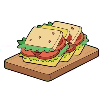 Fresh deli sandwiches with ham cheese tomatoes and lettuce on a wooden cutting board vector