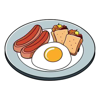 A beautifully plated brunch dish with scrambled eggs. bacon. sausages and toasted bread vector