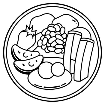 Composition of a full English breakfast with eggs. sausages. bacon. beans. and tomatoes vector