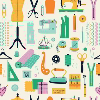 Seamless pattern of sewing tools icons tailor hand made workshop vector
