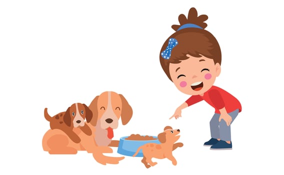 happy cute little kid play with dog vector
