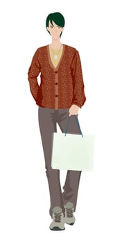 Fashion figure illustration, A young guy is standing with a different poses with a shopping bag, and he has wearer a T-shirt, Sweater, pant and sneakers. vector