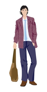 Fashion figure illustration, A smart guy is standing with a leather fashionable bag, He has wearer a Full sleeve jacket, pant and shows. vector