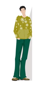 Fashion figure illustration, A beautiful young guy is standing and he has wearer a winter outfit like hoody and trousers.. vector