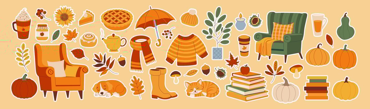 A collection of fall-themed stickers, including a chair, a book, a pumpkin vector