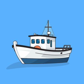 Cute cartoon-style drawing of fishing boat with a solid background. Illustration of boat. vector