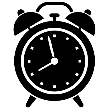 An alarm clock is shown in black and white png