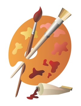Art materials for artists, paint tools, brushes, palette, paint tubes isolated on a white background. vector