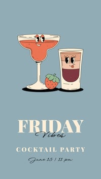 Retro Groovy Party Invitation. Funky cocktail characters strawberry margarita and b52. Vintage Friday vibes. Summer vertical poster vector