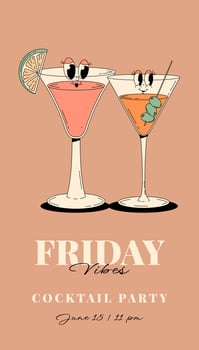 Retro Groovy Party Invitation. Funky cocktail characters cosmopolitan and martini. Vintage Friday vibes. Summer vertical poster vector