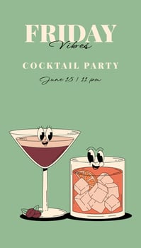 Retro Groovy Party Invitation. Funky cocktail characters Tini espresso martini and negroni. Vintage Friday vibes. Summer vertical poster vector