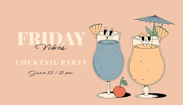 Retro Groovy Party Invitation. Funky cocktail characters pina colada and blue lagoon. Vintage Friday vibes. Summer horizontal banner vector