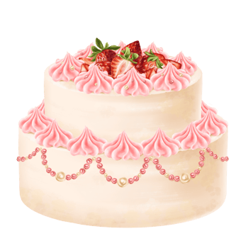 Festive two-tiered sponge cake decorated with cream flowers, fresh strawberries and pattern of beads. Pastry with whipped cream for birthday, home parties. A sweet gift. Digital isolated illustration png